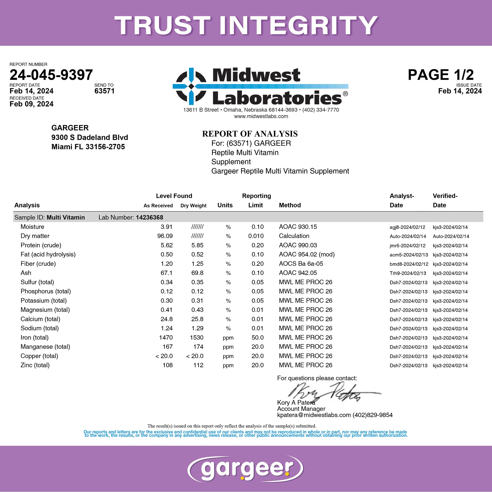 Gargeer reptile multi vitamin includes calcium and D3 for calcium utilization
