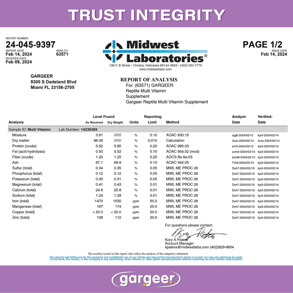 Gargeer reptile multi vitamin includes calcium and D3 for calcium utilization