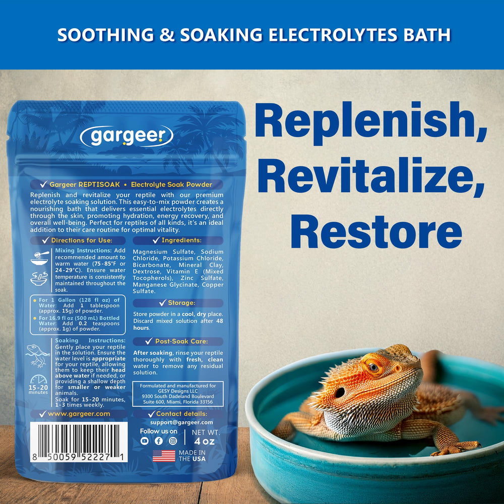 Gargeer ReptiSoak bath time shown; promotes hydration and recovery for reptiles.