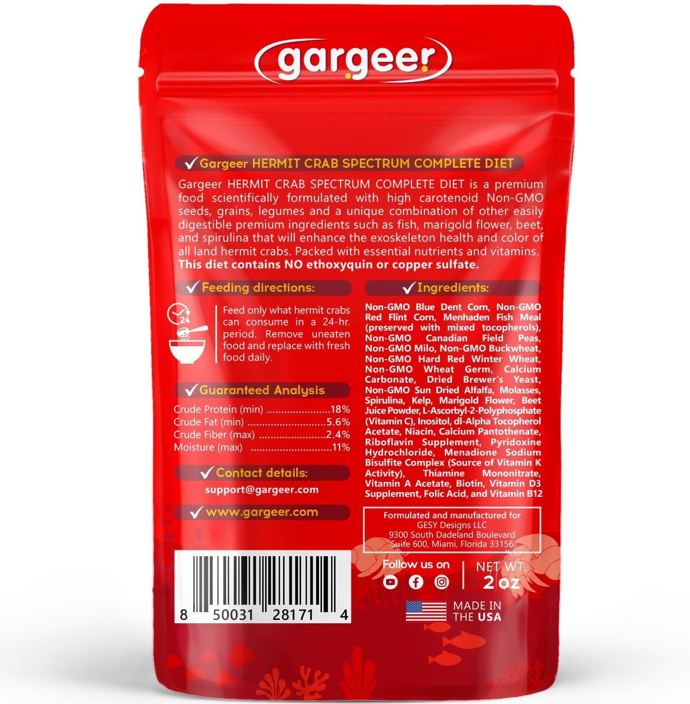 Gargeer Spectrum color-enhancement features marigold carotenoids boosting crab vibrancy.