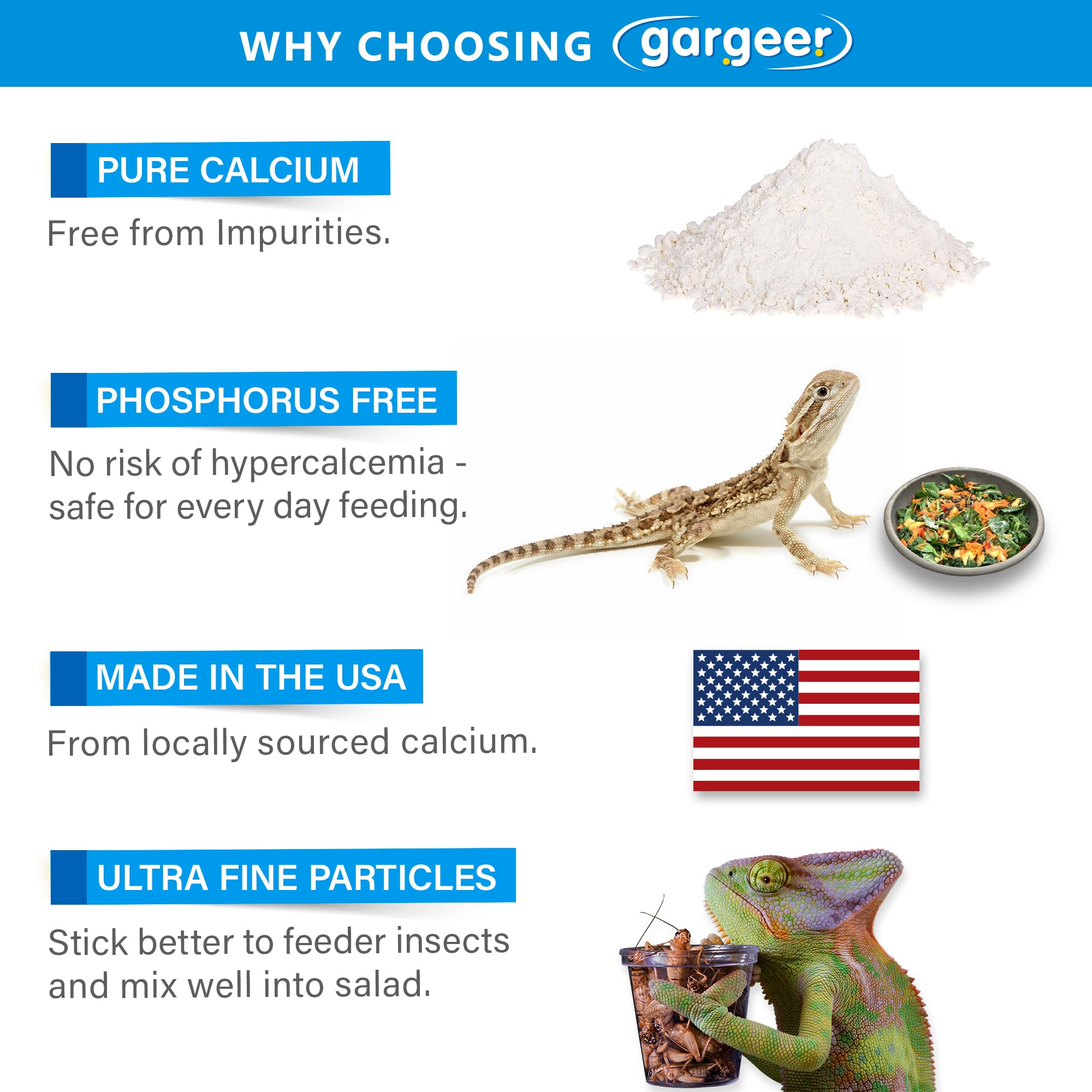 Gargeer USA-made calcium powder bottle showcases quality reptile supplement.
