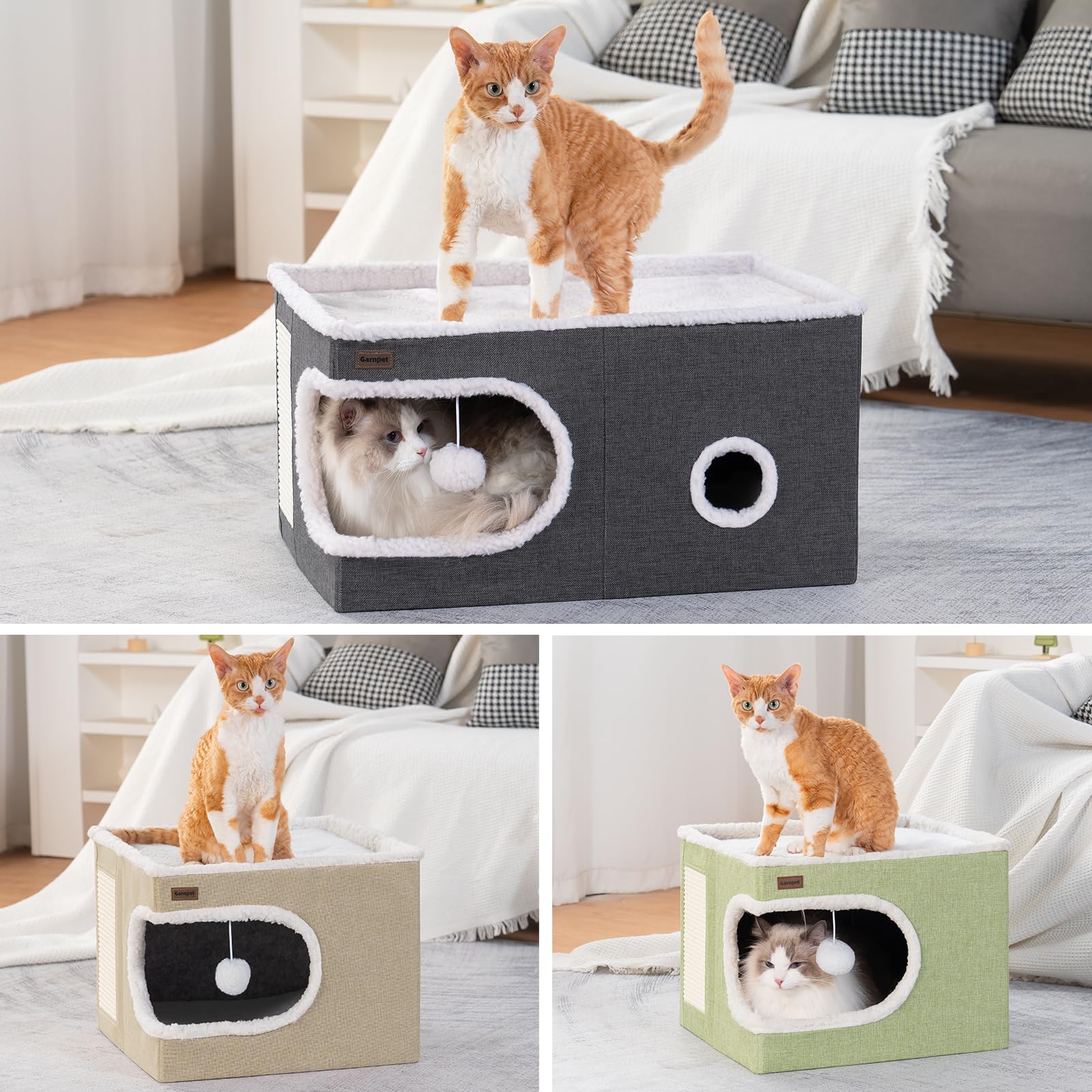 Garnpet cozy retreat cube enhances feline comfort for curling up during quiet afternoons.