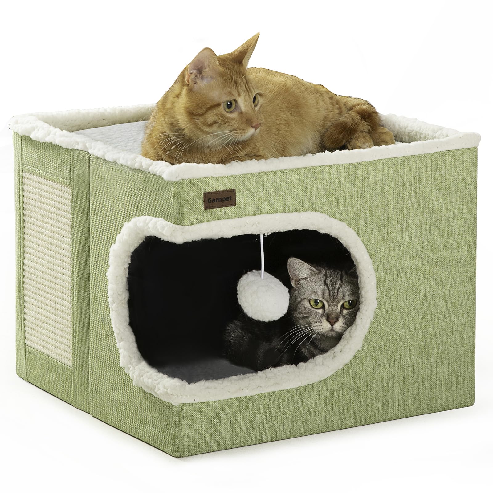 Garnpet Cat Bed Cube House in green offers a cozy indoor retreat for napping and hiding.