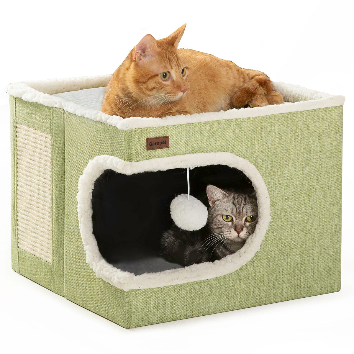 Garnpet Cat Bed Cube House in green offers a cozy indoor retreat for napping and hiding.