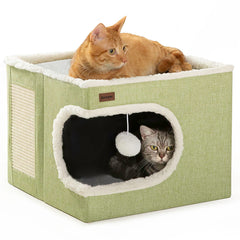Garnpet Cat Bed Cube House in green offers a cozy indoor retreat for napping and hiding.