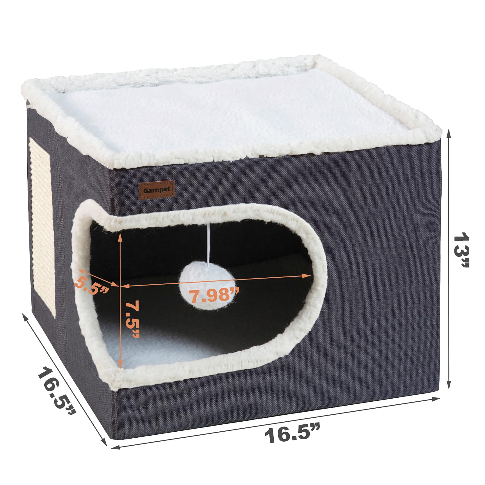 Garnpet cube bed features plush hanging ball for interactive play.