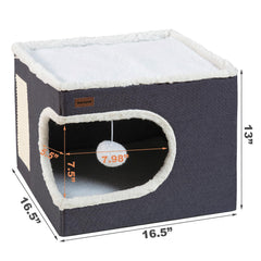 Garnpet cube bed features plush hanging ball for interactive play.