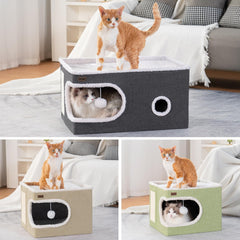Garnpet cat bed with hanging plush ball encourages interactive play.
