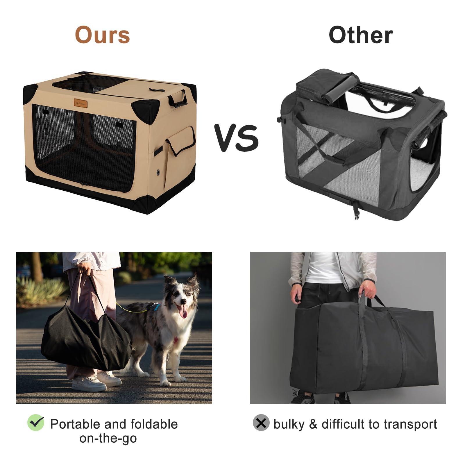 Garnpet four-door travel dog kennel with mesh windows for ventilation during outdoor trips.