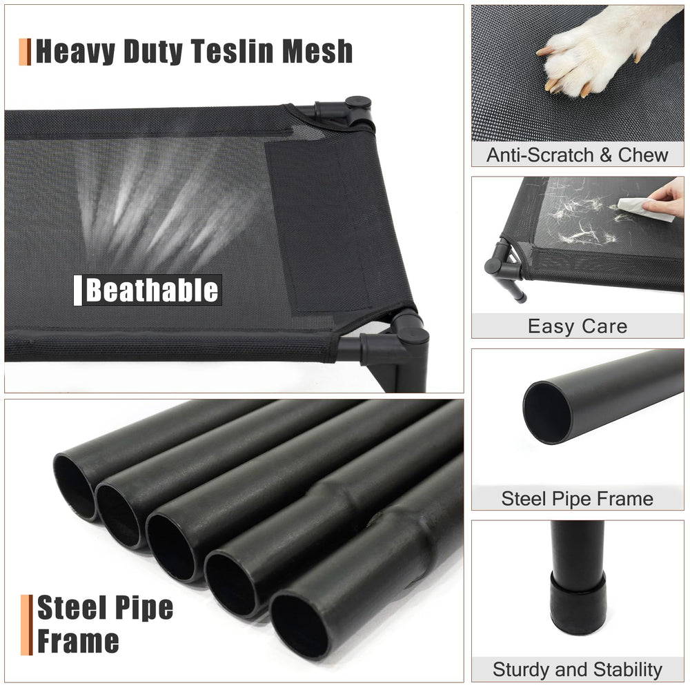 Garnpet XL elevated bed mesh closeup highlights breathable Textilene mesh