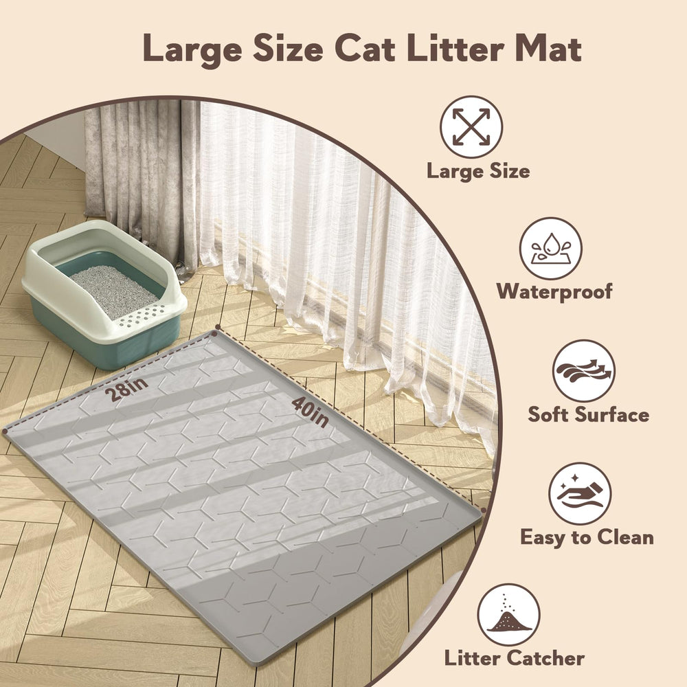 Garoopion cat litter mat in-use with cat at entrance shows versatile placement