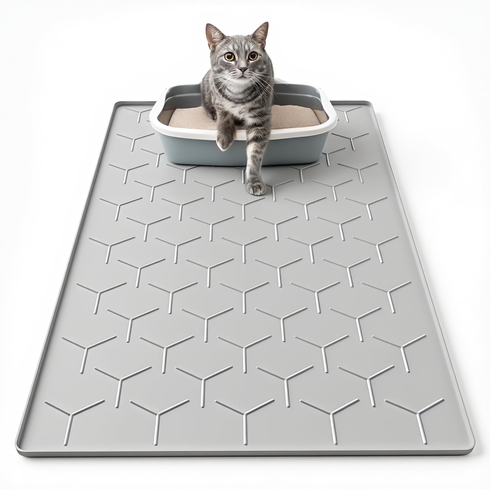 Garoopion cat mat for litter box, 34x22, gray, designed to trap litter and reduce tracking.
