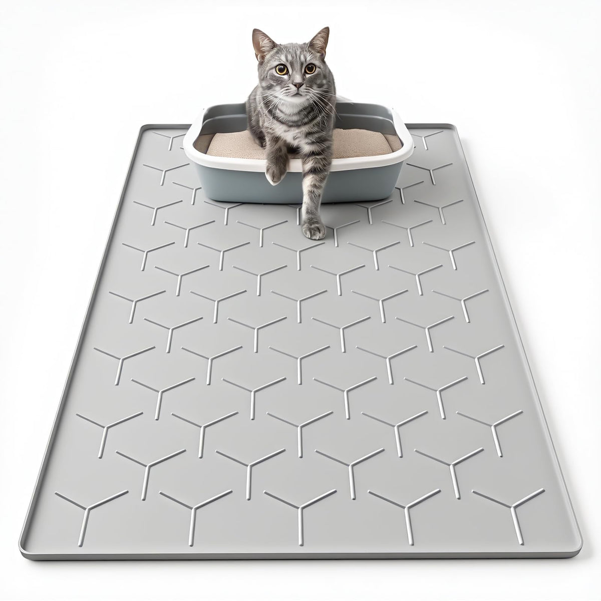 Garoopion cat mat for litter box, 34x22, gray, designed to trap litter and reduce tracking.