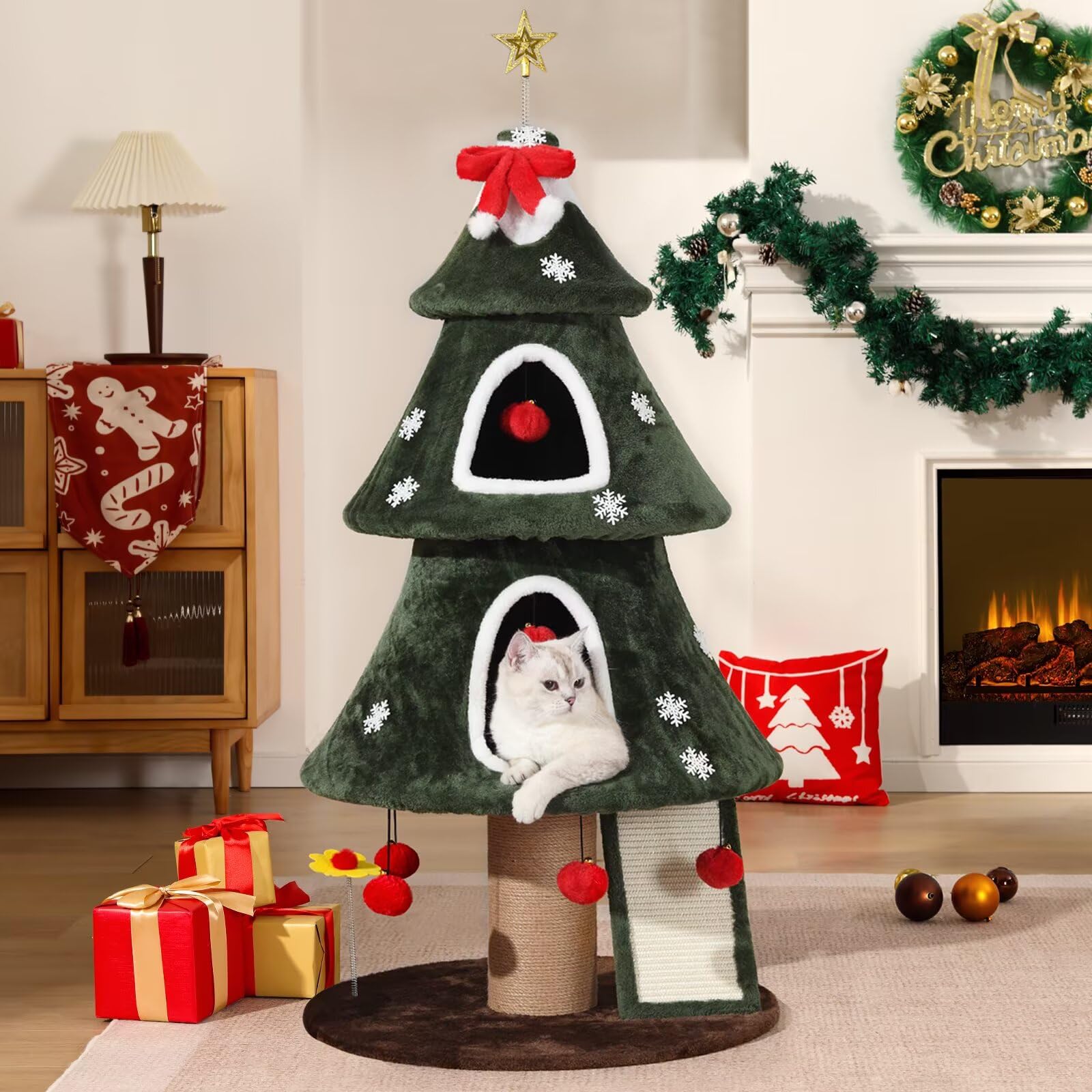 Garsing Christmas Cat Tree Tower top ornament showcases festive decor for indoor cats.