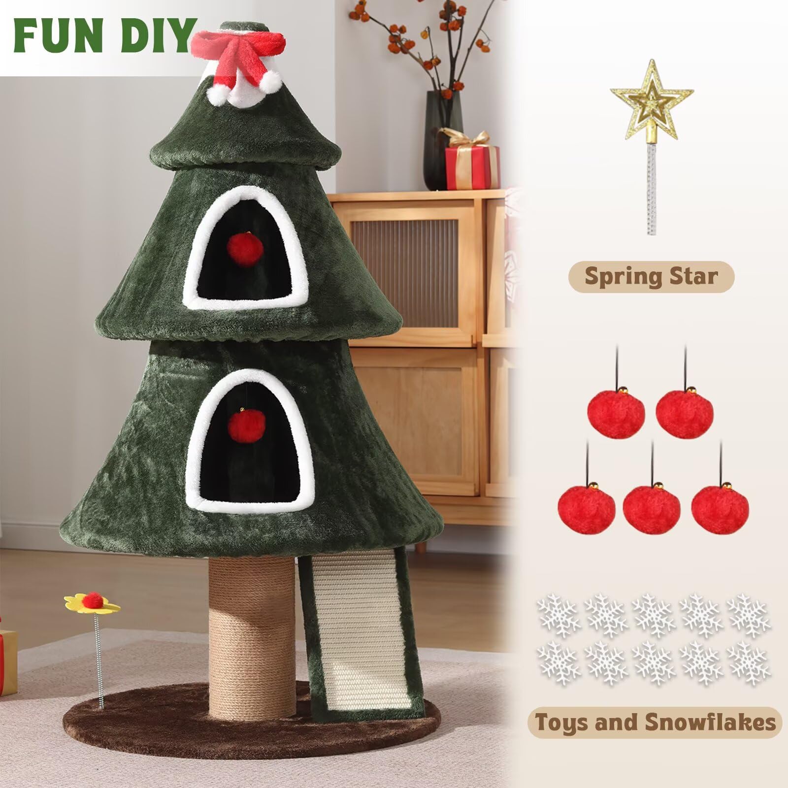 Garsing Christmas Cat Tree Tower velvet fabric closeup reveals soft, inviting napping surface.