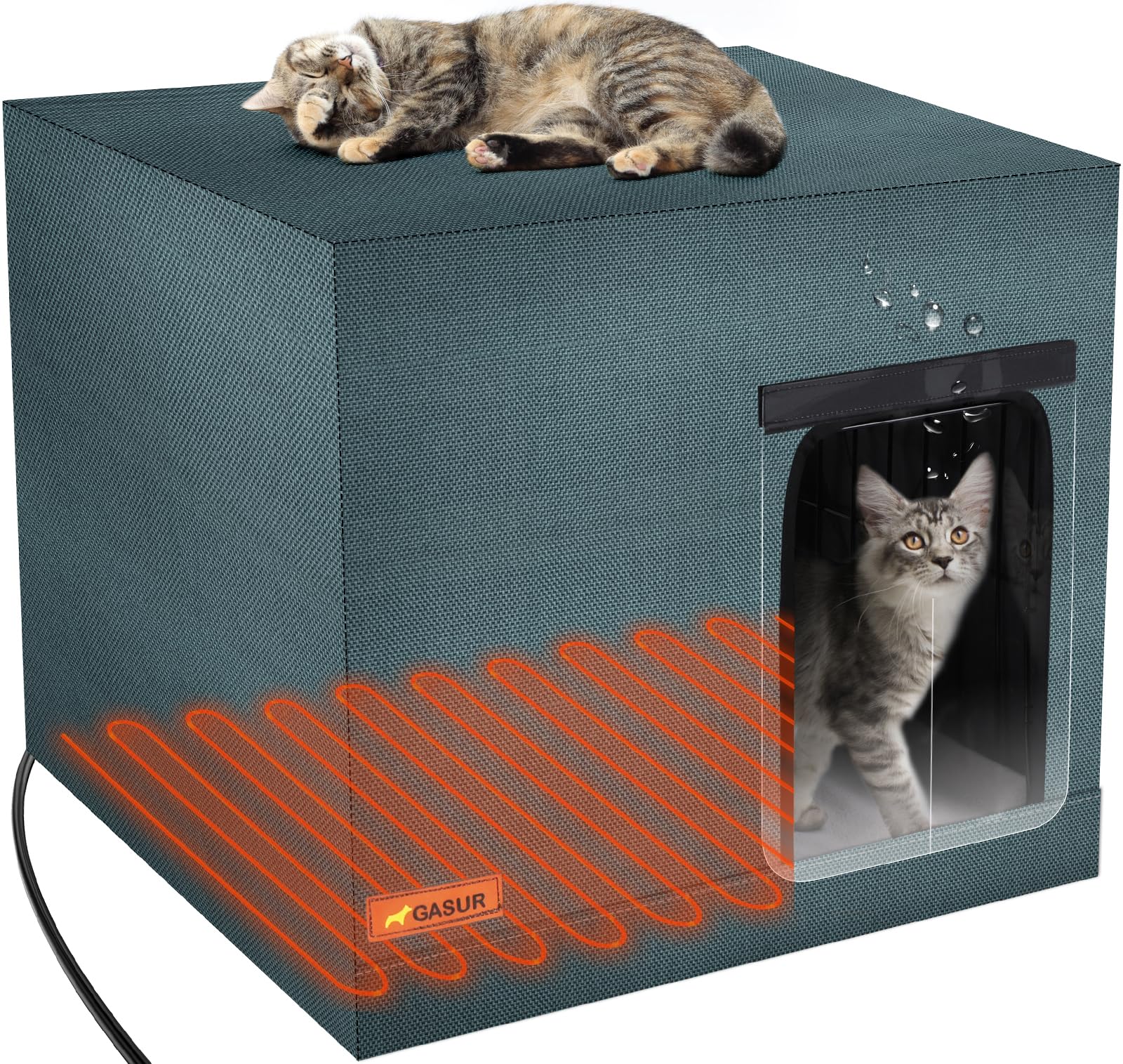 GASUR heated cat house exterior view shows weatherproof protection for outdoor cats, keeping them warm and dry