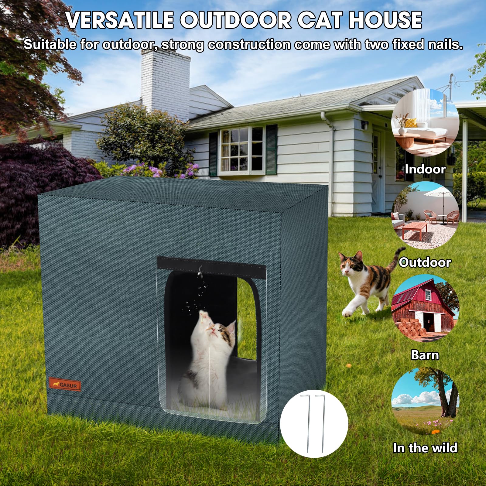 GASUR heated cat house side view highlighting rugged windproof shelter for winter