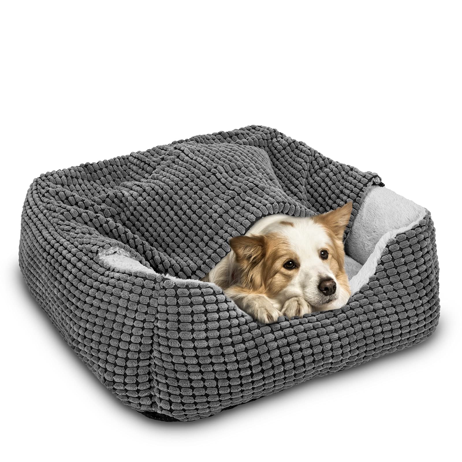 GASUR rectangle dog bed hooded cover offers a cozy burrow-like retreat.