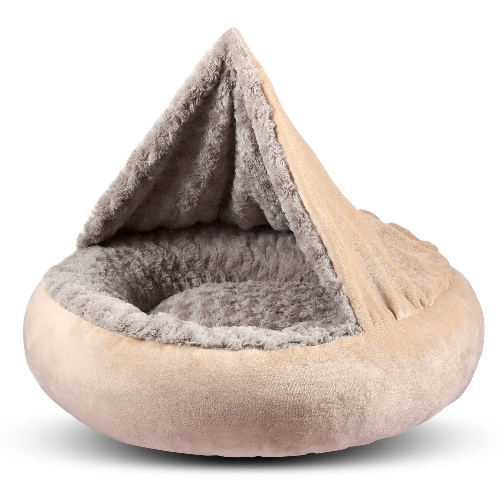 GASUR 23in donut bed with hooded blanket, cozy burrow for small pets.