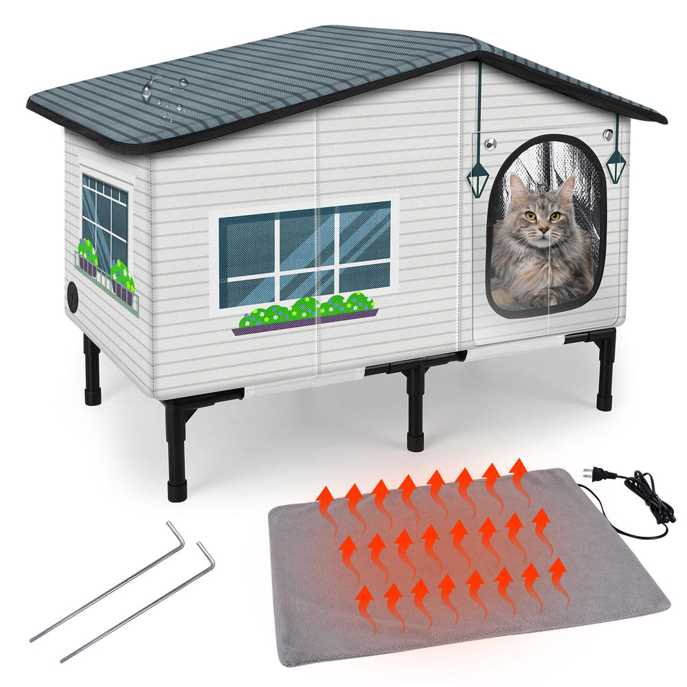 GASUR weatherproof heated cat house outside view protecting outdoor cats in winter.