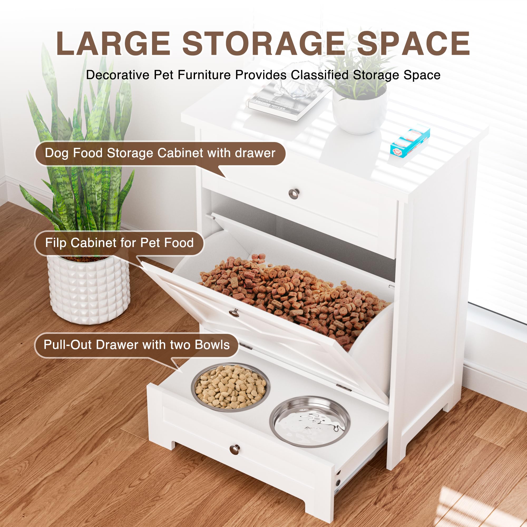 GAZHOME tilt-out storage hides pet food while keeping area neat.