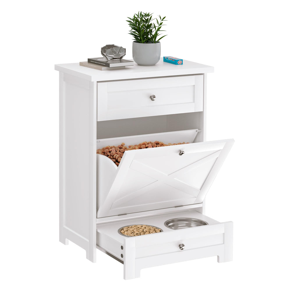 GAZHOME dog feeding station white assembled, elevating bowls for tidy meals.