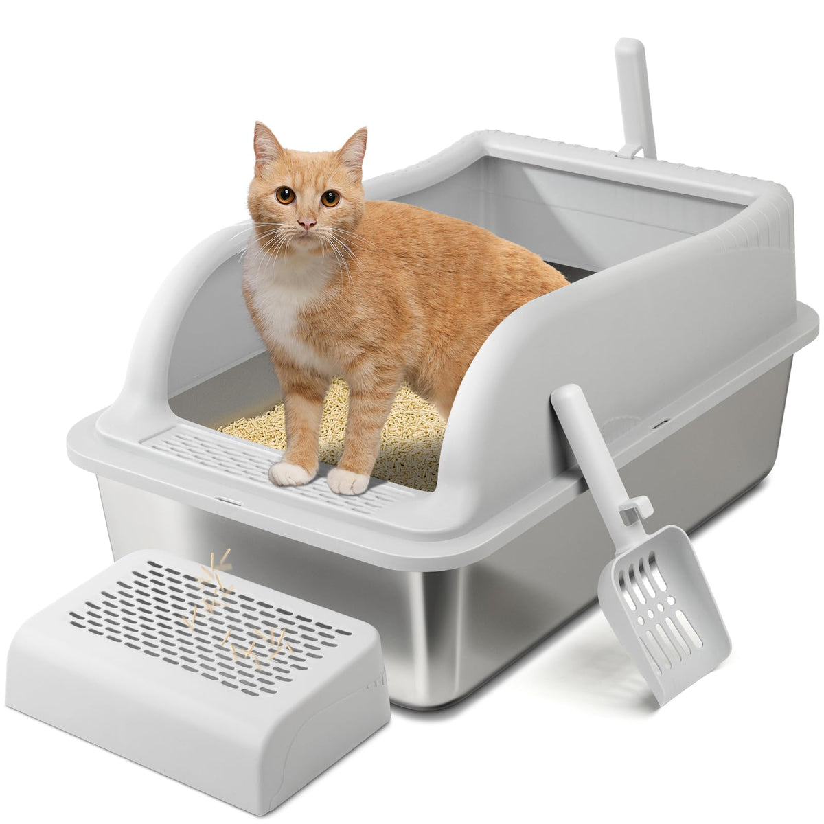 GazingMe stainless-steel cat litter box with lid, durable and easy to wipe clean.