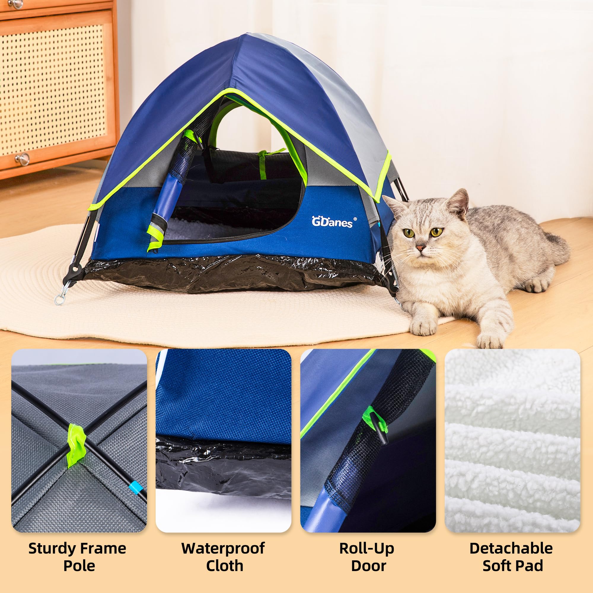 GDanes Blue Cat Tent waterproof floor supports indoor or outdoor use.