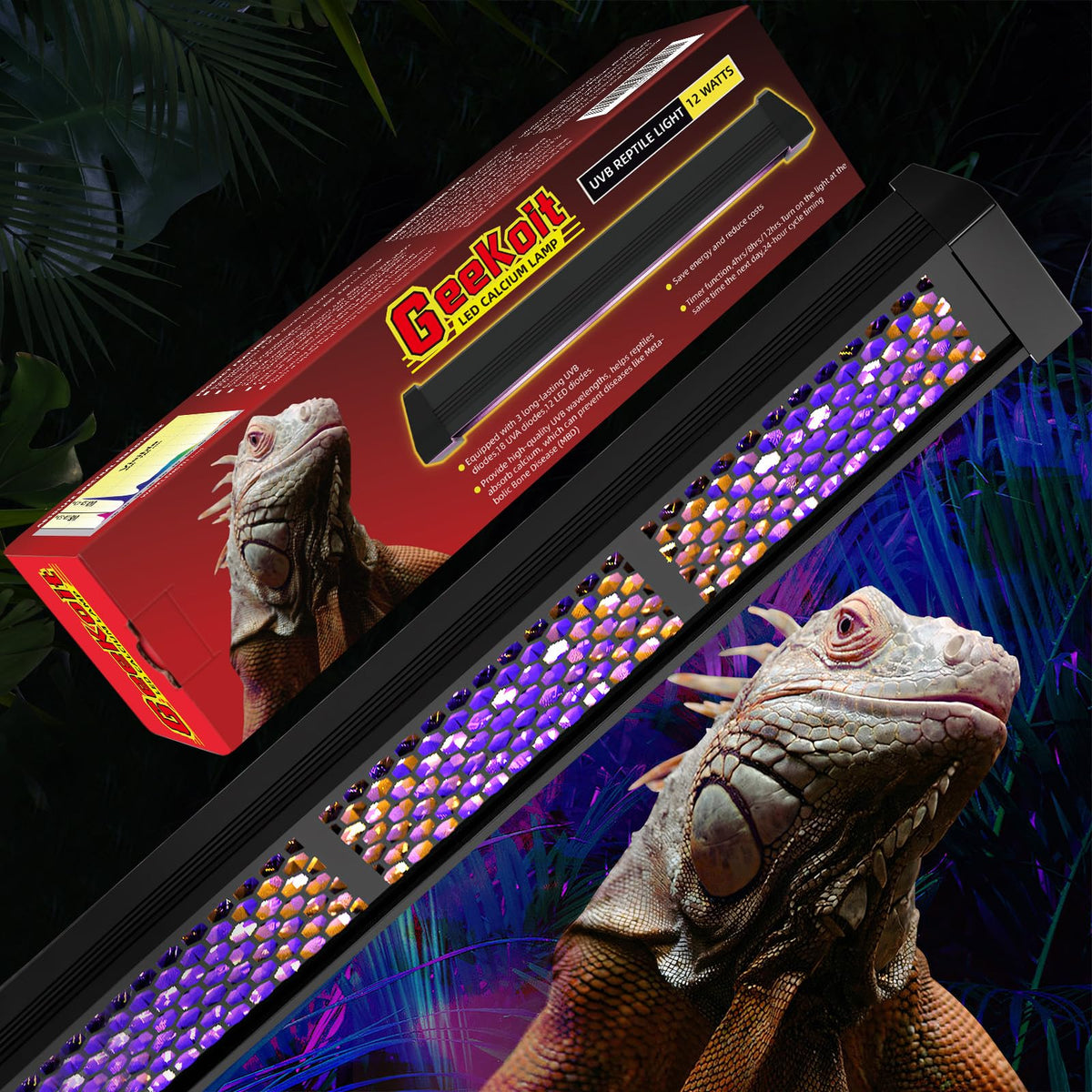 GeeKoit 12-inch UVB light front view for compact basking setup.