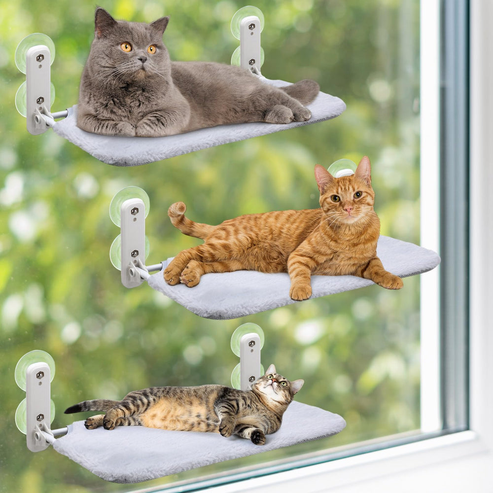 Geelin cat window hammock 3-pack setup shows three grey perches for sunlit lounging
