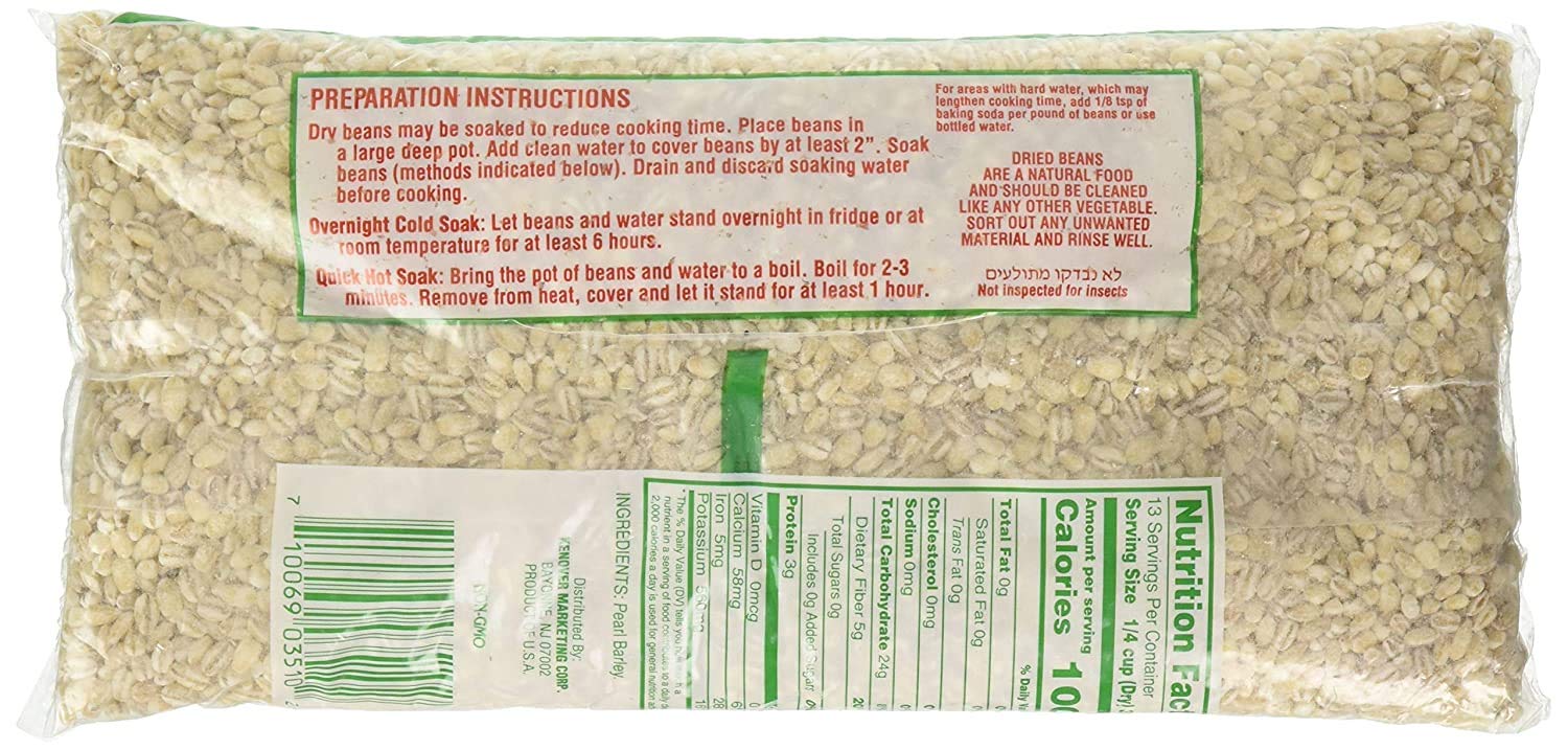 Gefen Pearl Barley 16oz bags showing ready-to-use raw barley for soups.