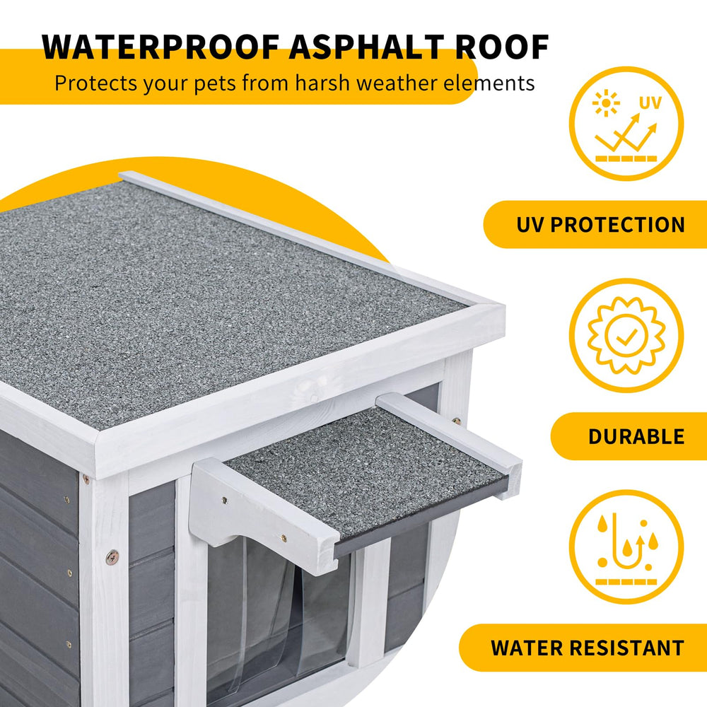 GEGURI Outdoor Cat House asphalt roof provides rain and sun protection.