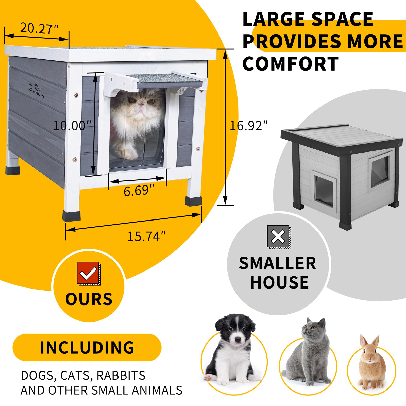 GEGURI Outdoor Cat House elevated floor keeps interiors dry and comfortable.
