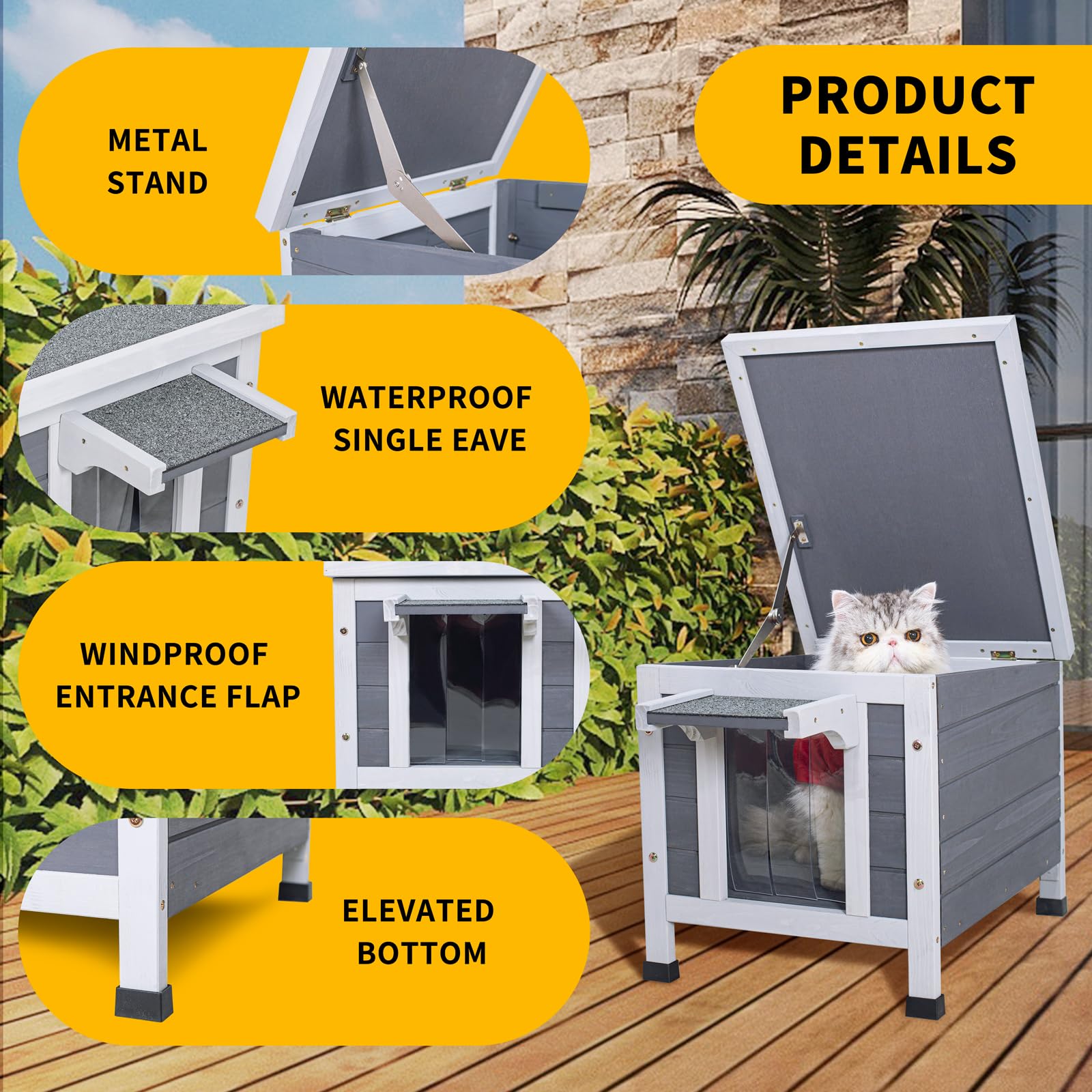 GEGURI weatherproof wood construction endures year-round for outdoor pets.