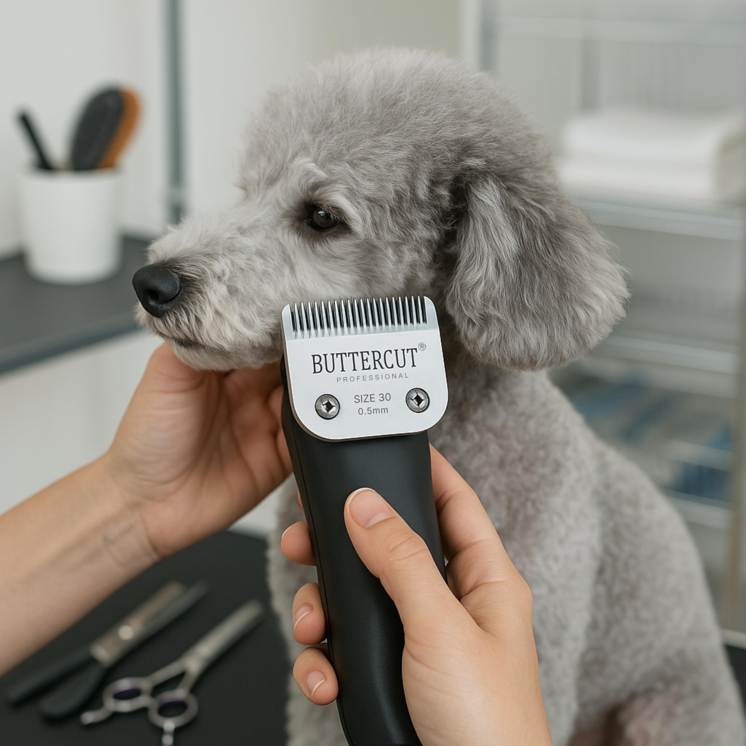 Geib Buttercut blade edge shown as ultra sharp for efficient grooming.