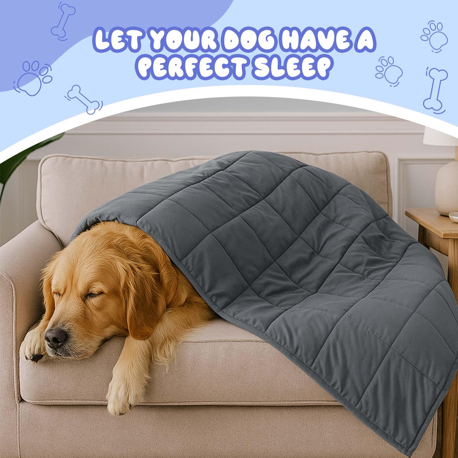 Geiserailie weighted dog blanket in gray complements home decor while calming pets