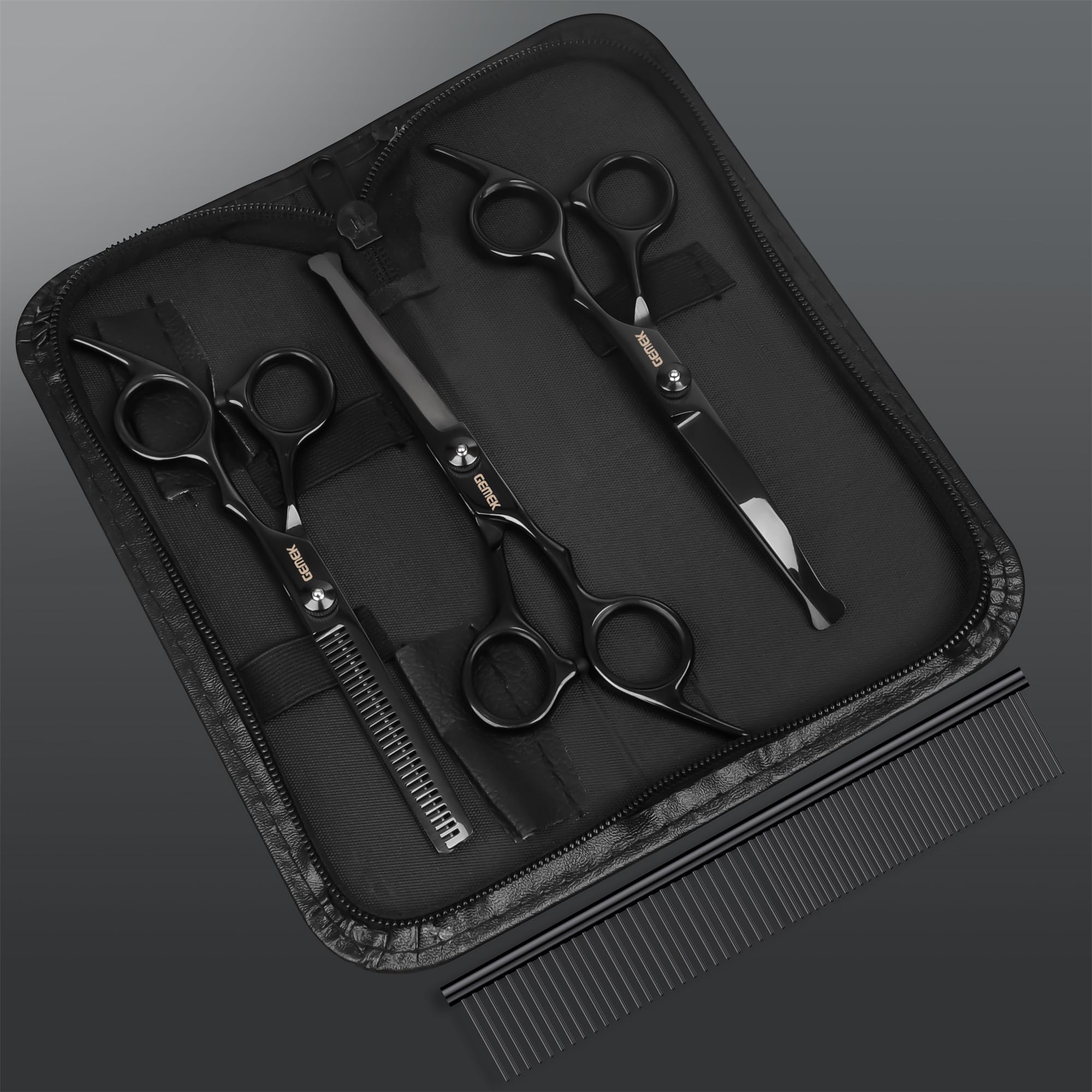 GEMEK black leather case stores tools securely for organized grooming.