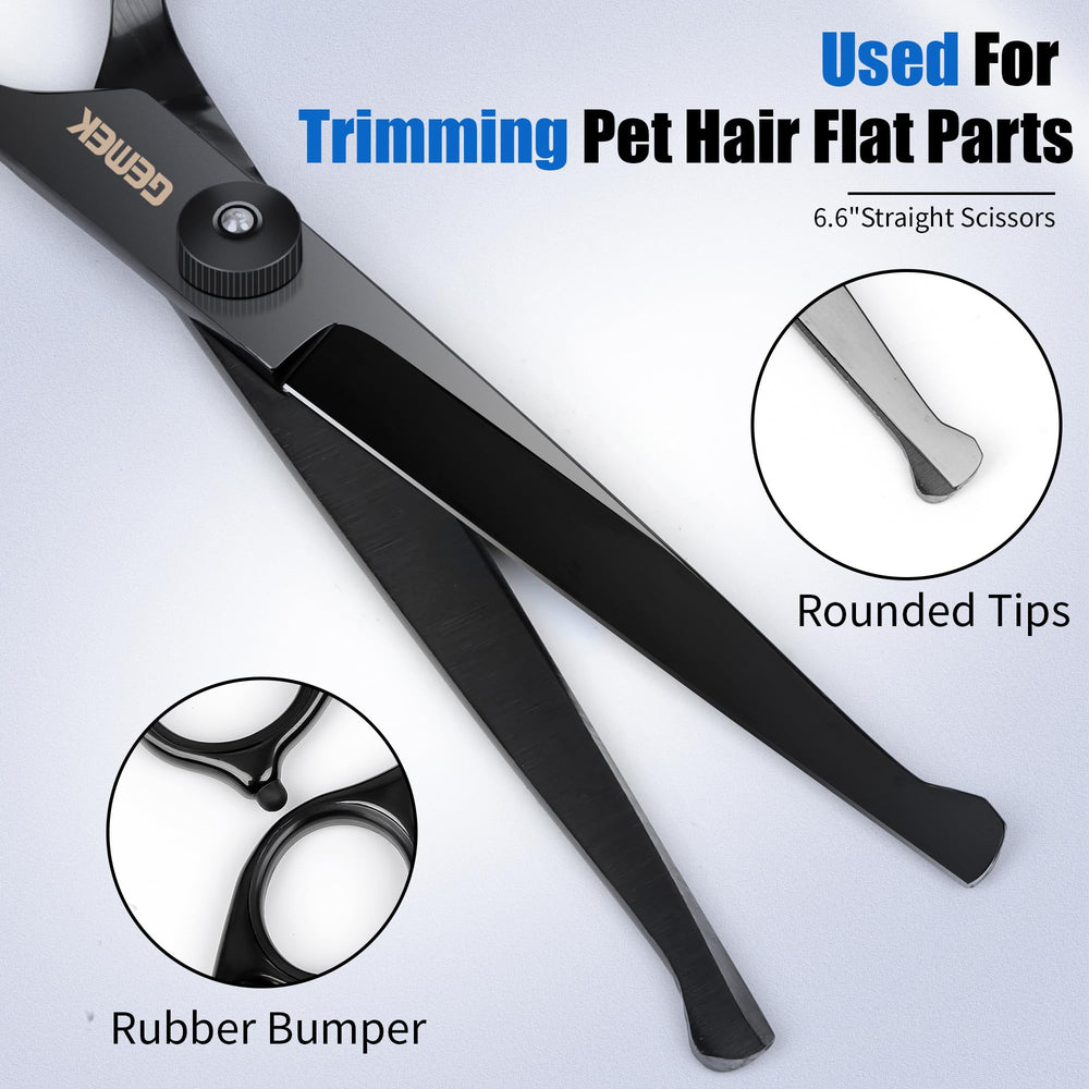 GEMEK curved scissors close-up demonstrate ergonomic grip for comfortable long grooming sessions.