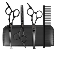 GEMEK dog grooming scissors kit front view in black showing safety round tips for confident trimming.