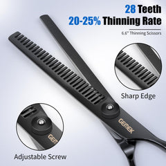 GEMEK thinning shear close-up highlights precise line thinning for smooth pet coats.