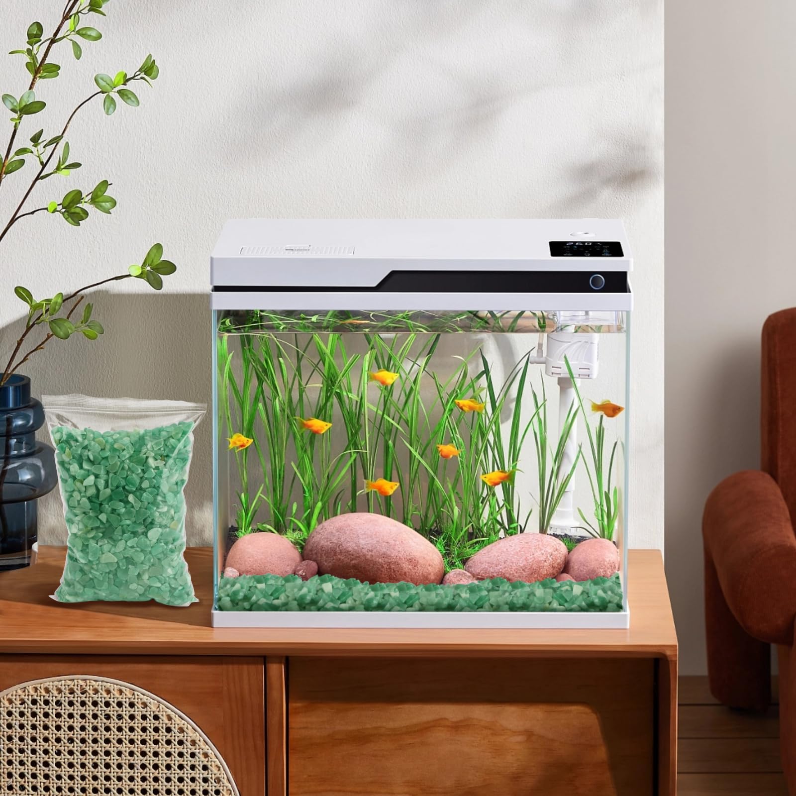 Gemshan aventurine quartz chips in aquarium decor setup