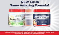 Geneflora powder probiotic with scoop demonstrates simple dosing for dogs and cats.