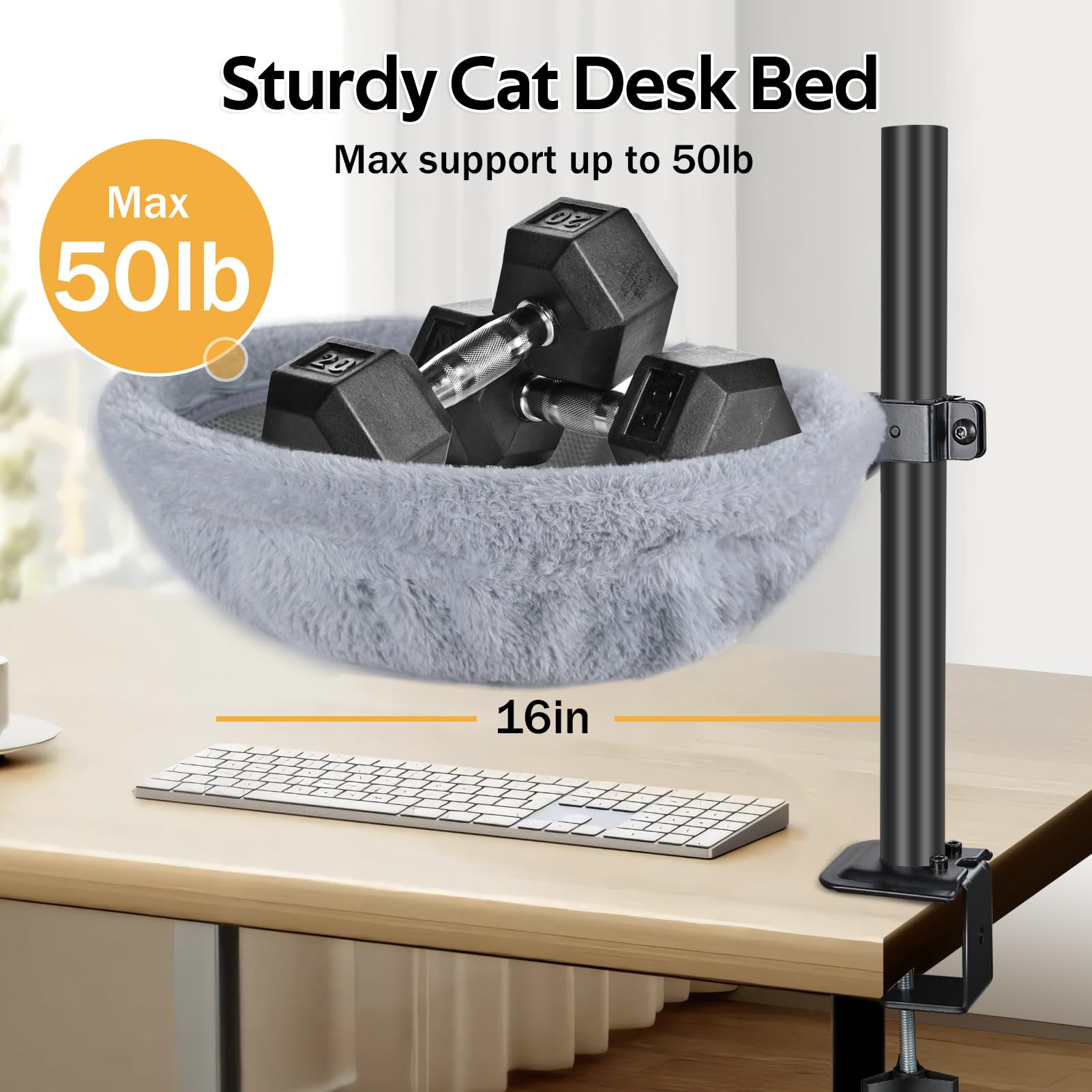 Generic adjustable cat desk bed attachment in-use on office setup promotes shared workspace with pet