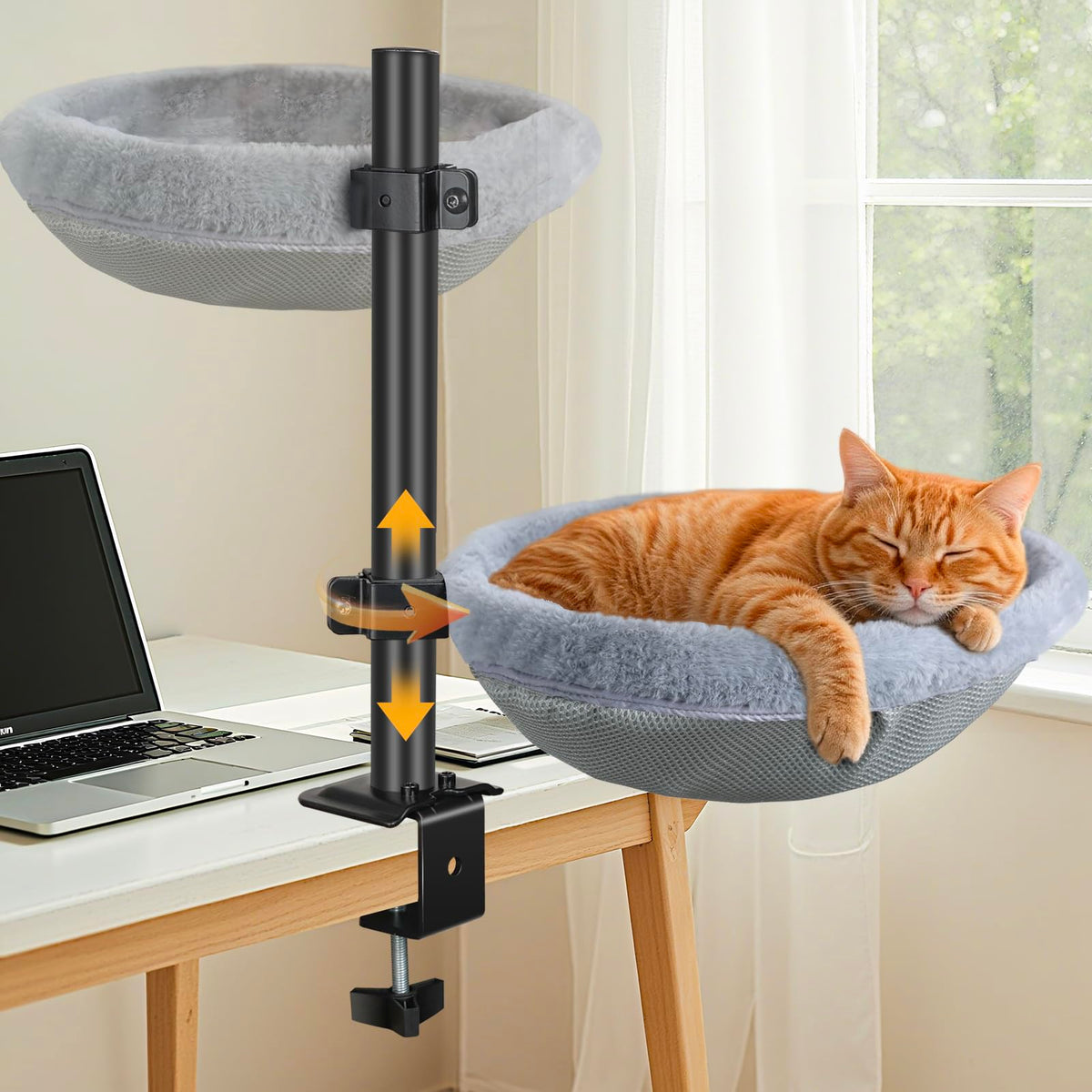 Generic adjustable cat desk bed attachment left-side view for nearby companionship during work