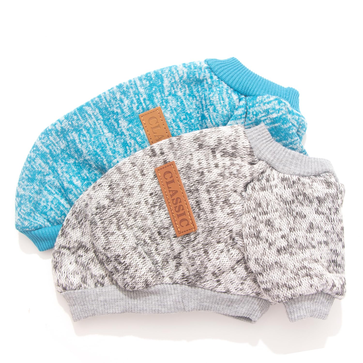 Generic easy-on-off-dog-sweater demonstrates quick dressing for busy mornings.