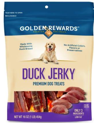 Generic Golden Rewards duck jerky front packaging showcases premium dog treats for rewards and tastiness.
