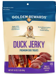 Generic Golden Rewards duck jerky front packaging showcases premium dog treats for rewards and tastiness.