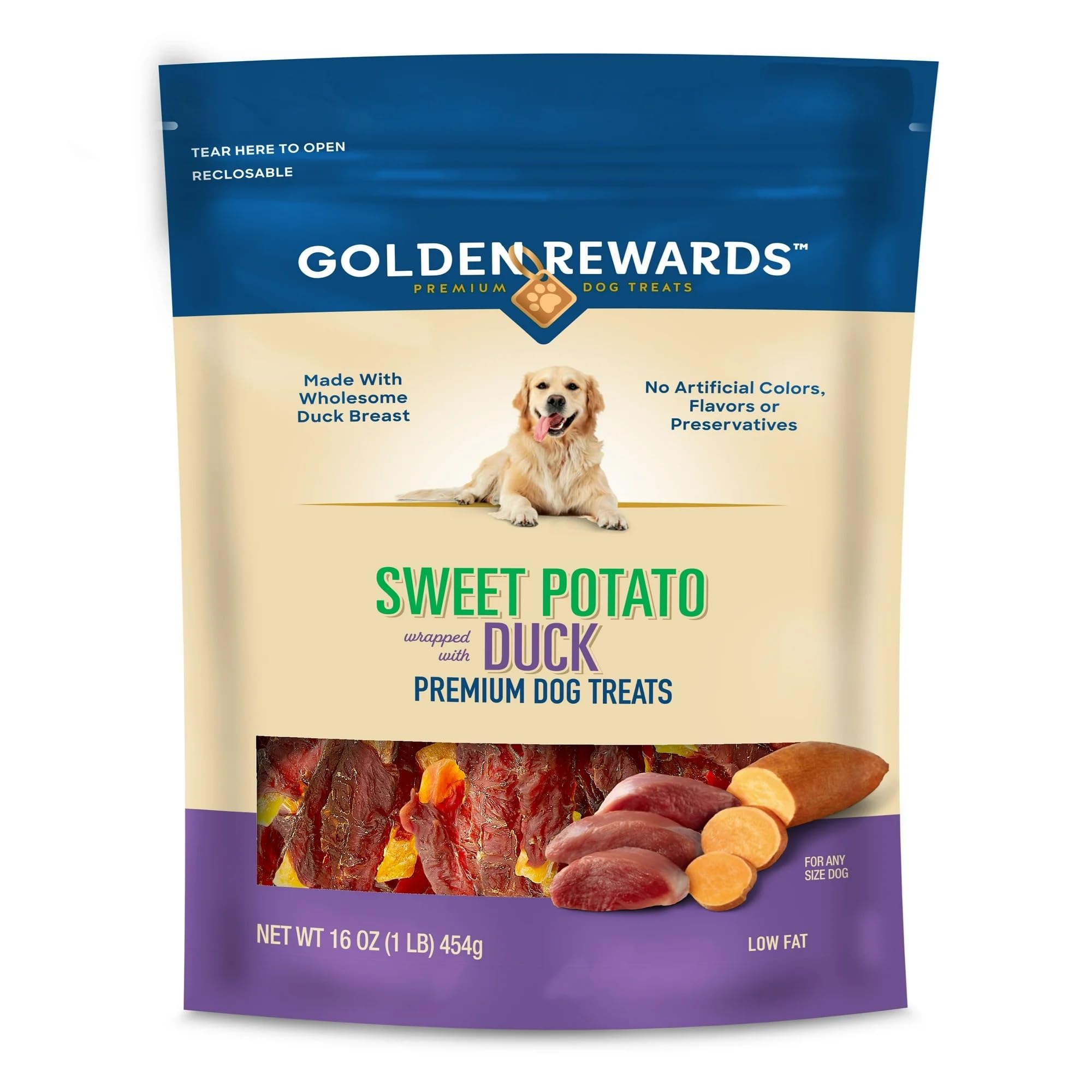 Generic Golden Rewards duck-wrapped sweet potato treats in packaging for freshness and convenience