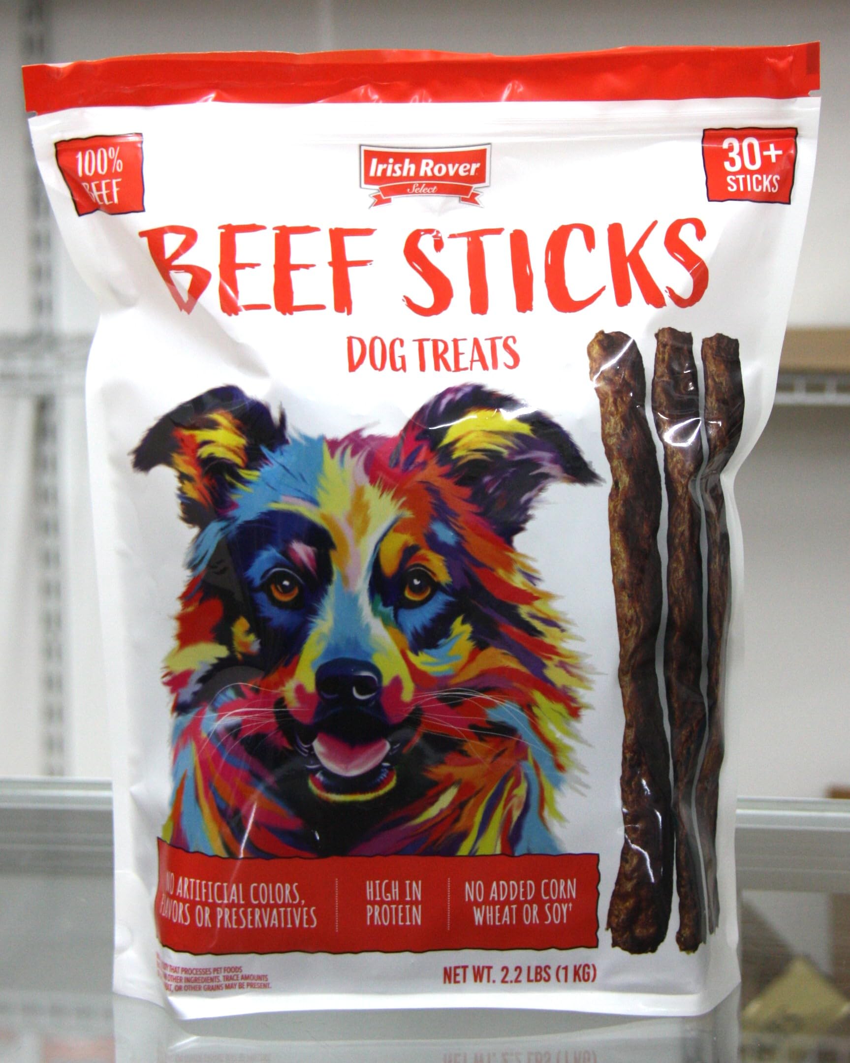 GENERIC Irish Rover Beef Stick Dog Treats packaging highlights a protein-rich snack for active dogs.