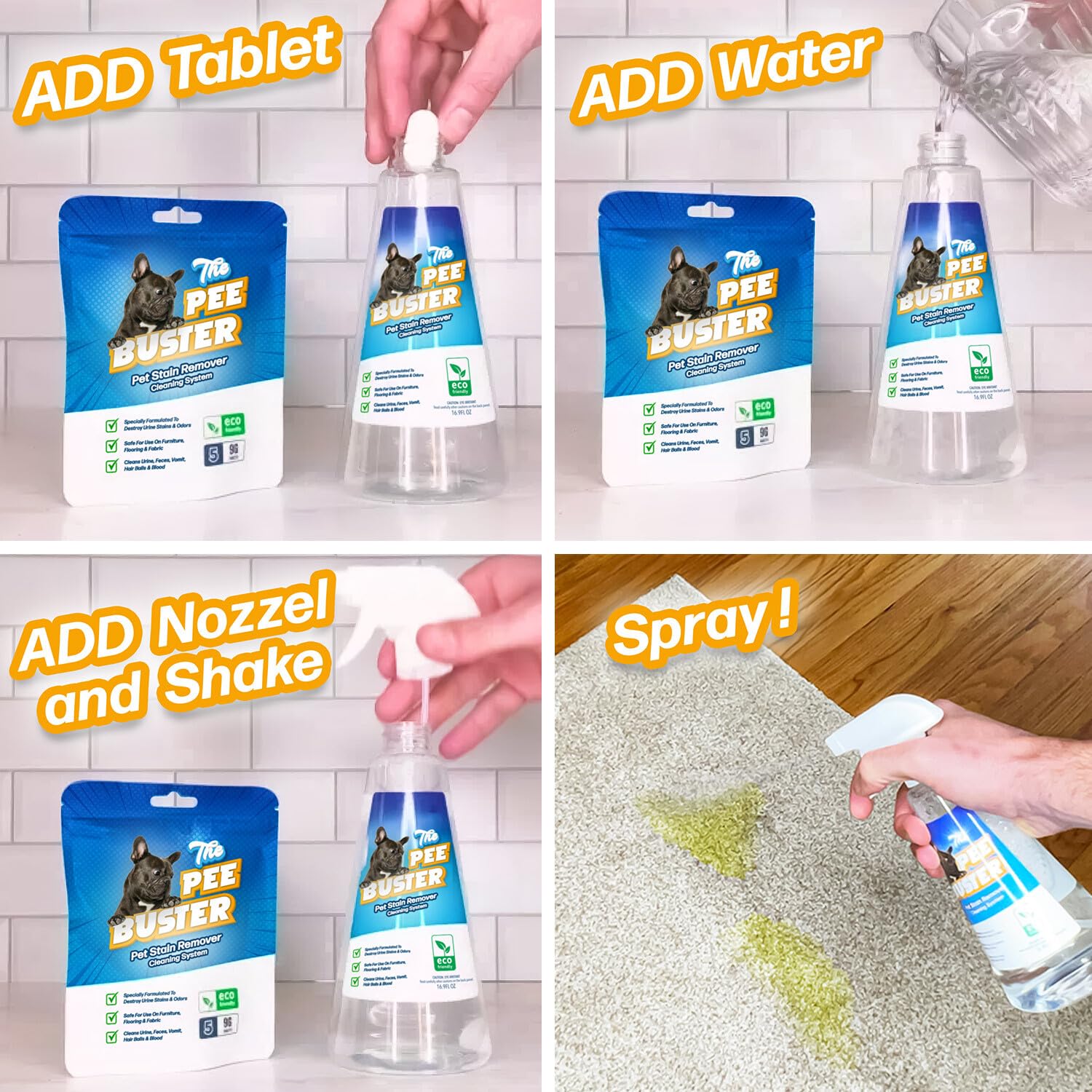 Generic Pee Buster cleaning on carpet showing stain removal
